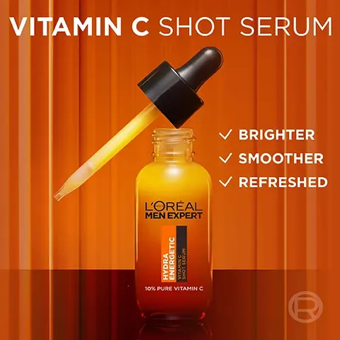 Image 1, vitamin c shot serum, brighter smoother and refreshed. image 2, powered by 10% pure vitamin c, brightens, smooths and refreshes tired looking skin. image 3, light texture, non greasy, fast absorbed even on beard. image 4, hydra energetic routine. 3 steps away to bring your skin back to life. step 1 = serum, step 2 = moisturiser, step 3 = eve roll on