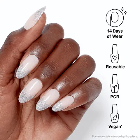 14 Days of Wear. Reusable. PCR. Vegan. Does not contain animal derived ingredients. GET PRESSED UP 1. FIT Find your perfect size. 2. SHAPE Option to do hue with custom tips. 3. PREP Buff, file, and wipe. 4. xPRESS Glue, press, and hold to dry.