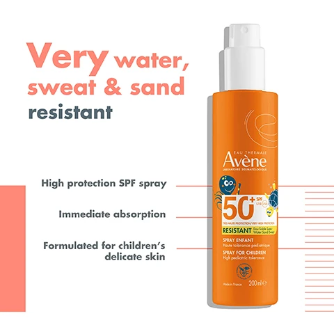 Image 1 - An orange spray bottle labeled Avene features the text Very water, sweat & sand resistant, High protection SPF spray, Immediate absorption, and Formulated for childrens delicate skin, with a cartoon image of a smiling character on the bottle.
Image 2 - Avene sunscreen spray bottle with an orange label shows sun protection details including UVB & UVA sun protection, water, sweat & sand resistance, invisible finish, and suitability for kids, along with the text 50+ SPF and Spray pour enfants.
Image 3 - Image shows two skin care products on a white background: an orange spray labeled SPF 50+ for children and a white bottle of thermal spring water; visible text includes 1 PROTECT SPRAY FOR CHILDREN SPF 50+ and 2 SOOTHE AVÈNE THERMAL SPRING WATER.
Image 4 - An abstract swirl of white cream is featured alongside the text INVISIBLE FINISH in bold orange, and Hydrating in gray.