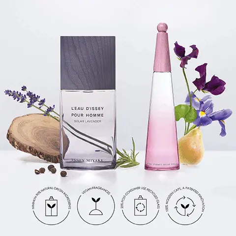 Image 1, BOS NATURAL REGION INGREDIENTS L'EAU D'ISSEY POUR HOMME SOLAR LAVENDER ISSEY MIYAKE VEGAN FRAGRANCE De POST-CONSUM NSUMER RECYCLED GL GLASS 100% WOODING CAPS A PATENTED MINCED INNOVADON Image 2, ISSEY MIYAKE L'EAU D'ISSEY EAU DE TOILETTE EAU DE TOILETTE INTENSE EAU DE TOILETTE INTENSE EAU&MAGNOLIA PIVOINE EAU DE TOILETTE INTENSE SOLAR VIOLET EAU DE PARFUM Intensity FLORAL & ELEGANT PETALLY & LUMINOUS FLORAL & FRUITY LUMINOUS & FLORAL LUMINOUS & REFINED Image 3, 90% NATURAL ORIGIN INGREDIENTS AU DISSEY SOLAR WOLE