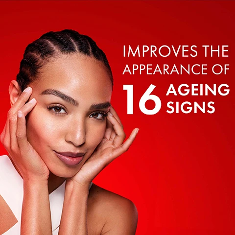 Image 1 - A woman with braided hair gently touching her face against a bright red background, with visible text stating improves the appearance of 16 ageing signs.
Image 2 - Image shows two tubes of Vichy Liftactiv skincare product side by side on a red background, with visible text reading New look, improved formula, before the left tube labeled BEFORE and the right tube labeled AFTER.
Image 3 - A close-up image of a red bottle with a squeeze top dispensing a white creamy substance against a bright red background, featuring the text QUICK ABSORPTION & NON-STICKY TEXTURE.
Image 4 - A hand in a white glove holds a red tube of Vichy Liftactiv Collagen Specialist, with the text HYPOALLERGENIC FORMULA and DESIGNED FOR SENSITIVE SKIN beside it.
Image 5 - Image shows a hand holding a red tube of Vichy Collagen Specialist 16 eye care with a small amount of cream on the fingertip, and text that reads HOW TO USE, STEP 1 MORNING & EVENING, SQUEEZE A FEW DROPS INTO YOUR HANDS, and STEP 2 APPLY TO THE EYE CONTOUR AREA, ON CLEAN & DRY FACE.
Image 6 - Image features three Vichy skincare products on a red background: a dropper bottle labeled Liftactiv Collagen Specialist 16 Bonding Serum, a jar labeled Liftactiv Collagen Specialist 16 Day, and a tube labeled Liftactiv Collagen Specialist 16 Eye Care, with text that reads Complete Your Collagen Specialist 16 Protocol and step indicators for Boost, Correct, and Target.