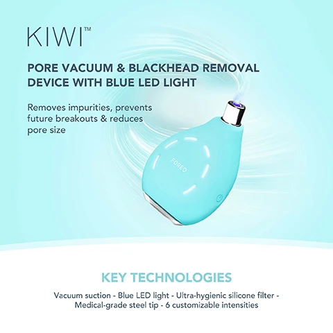 Image 1, kiwi pore vaccum and blackhead removal device with blue LED light. removes impurities, prevents future breakouts and reduces pore size. key technologies, vaccume suction, blue LED light, ultra hygienic silicone filter, medical grade steel tip, 6 customizable intensities. image 2, blackhead remover pore vacuum. clearer skin in minutes. sucks out blackheads, whiteheads and other skin congesting impurities. minimise pores allows enlarged pores to shrink back to their regular size. image 3, clinical results. 100% of consumers reported unclogged pores. 100% of consumers reported reduced blackheads, whiteheads and oil. 90% of consumers reported smaller pores and better texture. based on consumer testing with 30 subjects aged 20-45 over 14 days. image 4, before and after. image 5, KIWI vs other blackhead removers. KIWI: vacuum suction - 6 intensities. blue LED light - constant and pulsed. medical grade steel tip - yes. ultra hygienic silicone - yes. ultra hygienic filter - yes. app conntected - yes. USB rechargeable - yes. minutes per charge - up to 120 minutes. low battery indicator - yes. other blackhead remover: vacuum suction - 2 intensities. USB rechargeable - yes. low batter indicator - yes.