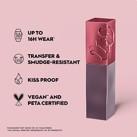 image 1, up to 16 hour wear. transfer and smudge resistant. kiss proof. vegan and peta certified. consumer test done on 112 volunteers. no animal derived ingredients or by products. image 2, 94% said it gives full colour intensity. 86% saw long lasting performance. 88% said it felt lightweight. consumer test on 112 volunteers. image 3, spring coil mixer. shake to bond, BI phase formula, for up to 16 hour colour comfort. consumer test on 109 volunteers.