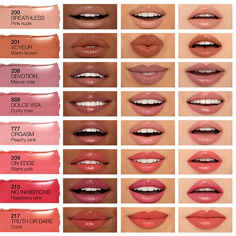 Image 1, model shots of breathless, voyeur, devotion, dolce vita, orgasm, on edge, no inhibitions, truth or dare on three different skin tones. image 2, swatches of breathless, voyeur, devotion, dolce vita, orgasm, high gear, on edge, truth or dare, no inhibitions, voltage, all in, idolised, aragon, turned on, wild ride, show off on three different skin tones. image 3, colour meets care. 8 hour hydration, high shine finish, long lasting wear. image 4, monoi hydrating complex - a moisturising blend of ingredients provides long lasting comfort. shea butter - forms a nourishing barrier around lips retain moisture levels for 8 hour hydration. mango butter - helps smooth dry lips with an anti-aging effect.