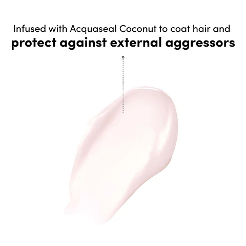 Image 1 - A light pink creamy swirl of product is shown against a white background, with a dotted line pointing to it, and the text Infused with Aquaseal Coconut to coat hair and protect against external aggressors. Image 2 - A before and after comparison shows a womans long blonde hair, appearing dry and frizzy on the left before treatment, and smoother and shinier on the right after treatment, with text reading Before After *Using Sweet Repair Shampoo, Conditioner and Mask as part of a regimen UNRETOUCHED. Image 3 - A smiling blonde woman in a pink bikini holds a golden coconut against a tropical background, with text that reads: Transformative, restoring conditioner for hair damaged by: heat styling, excessive brushing and other external aggressors. Image 4 - A pink Coco & Eve Sweet Repair conditioner bottle with a bright pink cap is being splashed with water while sitting on a white block against a pink and peach gradient background, with text on the left reading Repairs and restores, Strengthens and smooths, Seals the cuticle to prevent future damage, and text on the bottle reading COCO & EVE SWEET REPAIR REPAIRING & RESTORING CONDITIONER APRÉS-SHAMPOOING RÉPARATEUR ET RECONSTITUANT CERAMIDES + VITAMIN B5 FOR DAMAGED HAIR Net 288 ml / e 9.47 fl. oz. US. Image 5 - A hand squeezes a pink Coco & Eve Sweet Repair conditioner bottle, dispensing product into the palm, with visible text Noticeably improved hair texture in less than 1 month and on the bottle Coco & Eve Sweet Repair Repairing & Restoring Conditioner Après-Shampooing Réparateur et Reconstituant Ceramides + Vitamin B5 For Damaged Hair Net 288 mL / 9.67 fl. oz. US. Image 6 - Two light pink shampoo and conditioner bottles with bright pink caps for Coco & Eve Sweet Repair products are displayed with spilled product droplets, a pink hibiscus flower, and coconut pieces on a soft purple and pink gradient background, with the visible text Botanicals blended with vitamin B5, ceramides, vegan keratin and hyaluronic acid for softness and strength, and on the shampoo bottle: COCO & EVE SWEET REPAIR REPAIRING & RESTORING SHAMPOO SHAMPOOING RÉPARATEUR ET RECONSTITUANT BIOMIMETIC CERAMIDES + VITAMIN B5 FOR DAMAGED HAIR Net 288 ml / e 9.47 fl oz US, and on the conditioner bottle: COCO & EVE SWEET REPAIR REPAIRING & RESTORING CONDITIONER APRÈS-SHAMPOOING RÉPARATEUR ET RECONSTITUANT CERAMIDES + VITAMIN B5 FOR DAMAGED HAIR Net 288 ml / e 9.47 fl oz US.