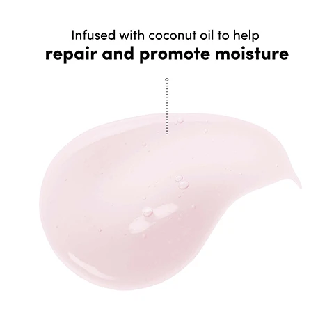 Image 1 - A light pink, translucent gel blob with tiny bubbles is shown on a white background, with a dotted line pointing to it from the text Infused with coconut oil to help repair and promote moisture. Image 2 - A before-and-after split image shows the back of a womans long blonde hair, appearing frizzy and dull on the left side and smooth and shiny on the right side, with the visible text Before After *Using Sweet Repair Shampoo, Conditioner and Mask as part of a regimen UNRETOUCHED. Image 3 - A smiling blonde woman in a pink bikini top holds a pink guava fruit slice over her left eye, against a backdrop of blue sky, white clouds, and green trees, accompanied by the text Superhero shampoo strengthens and rejuvenates hair damaged by heat styling, excessive brushing or other external aggressors. Image 4 - A light pink and white Coco & Eve Sweet Repair shampoo bottle, with water splashing on its pink cap and droplets on its body, sits on a pink background, with text to the right that states: Repairs and restores, Helps reduce breakage and split ends, Promotes softness and smoothness for healthier looking hair, and text on the bottle reading: COCO & EVE, SWEET REPAIR, REPAIRING & RESTORING SHAMPOO, SHAMPOOING RÉPARATEUR ET RECONSTITUANT, BIOMIMETIC CERAMIDES + VITAMIN B5, FOR DAMAGED HAIR, Net 288 mL / e 9.47 fl. oz. US. Image 5 - A hand holds a light pink shampoo bottle with a dark pink cap against a blurred blue sky and green foliage, displaying the text Coco & Eve Sweet Repair Repairing & Restoring Shampoo Shampooing Réparateur et Reconstituant Biomimetic Ceramides + Vitamin B5 For Damaged Hair Net 288 mL / e 9.47 fl. oz. US 96% agree hair feels noticeably less damaged. Image 6 - A pink Coco & Eve Sweet Repair shampoo bottle and a matching hair mask jar are displayed with a halved coconut and a sliced guava against a light blue and pink background, featuring text that reads: Botanicals blended with reparative vitamin B, biomimetic ceramides and amino acids, COCO & EVE SWEET REPAIR REPAIRING & RESTORING SHAMPOO SHAMPOOING RÉPARATEUR ET RECONSTITUANT BIOMIMETIC CERAMIDES + VITAMIN B5 FOR DAMAGED HAIR Net 288 mL / e 9.47 fl. oz. US, COCO & EVE SWEET REPAIR REPAIRING & RESTORING HAIR MASK Biomimetic Ceramides + HA + Vegan Keratin Complex MASQUE RÉPARATEUR ET RECONSTITUANT POUR LES CHEVEUX Net 212 mL / e 7.17 fl. oz. US.