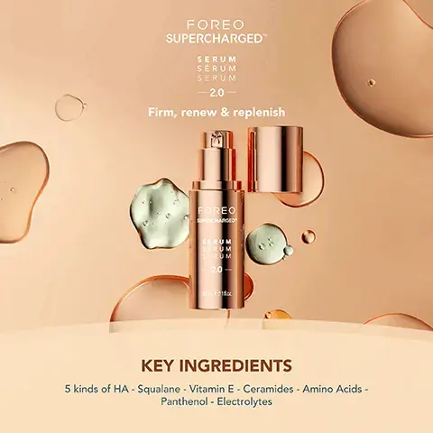 Image 1, FOREO SUPERCHARGEDTM SERUM SÉRUM SERUM -2.0 - Firm, renew & replenish FOREO PERCHARGED SERUM SCRUM SERUM 2.0 30 Le KEY INGREDIENTS 5 kinds of HA - Squalane - Vitamin E - Ceramides - Amino Acids - Panthenol - Electrolytes Image 2,  REPLENISHING HYALURONIC ACID COMPLEX ANTIOXIDANT-RICH SQUALANE, CERAMIDES & VITAMIN E MOISTURIZING PANTHENOL + AMINO ACID (SERINE) CONDUCTIVE MOISTURIZING ELECTROLYTES Image 3,  MICROCURRENT FACIAL DEVICE REDUCE WRINKLES. IMPROVE FIRMNESS. REAL RESULTS IN 1 WEEK. *Based on 30-day clinical testing on 40 female subjects, aged 25 to 55. FORCO FORE CHA RUM CRUN CRUN 20- cen Image 4,  CLINICAL RESULTS 95% of consumers reported younger skin & lifted cheekbones 93% of consumers reported brighter, healthier & plumper skin 93% of consumers reported less puffiness and sagging *Based on 30-day clinical testing on 40 female subjects, aged 25 to 55. Image 5,  AFTER BEFORE Clinically proven to significantly improve deep wrinkles & fine lines. Clinically proven to significantly improve skin firmness & elasticity. AFTER BEFORE. image , an immediatly visible non invasive facelift. tighten, firm and contour for a reverse aging effect. key technologies - 4 revolutionary types of microcurrent. t-sonic massage, anti-shock system, app guided treatments.