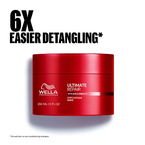 Image 1 - A red Wella Professionals Ultimate Repair hair mask jar is displayed, featuring the text 6X EASIER DETANGLING*, Wella Professionals, Ultimate Repair With AHA & Omega-9 Step 2 Intense Mask, 150 ML I 5 FL OZ, with the asterisk indicating * On wet hair, vs non conditioning shampoo. Image 2 - A graphic showing a translucent drop with two red spheres, a smaller one labeled AHA and a larger one labeled Omega-9, accompanied by the text REBUILD BONDS INSIDE WITH AHA and REPLENISH HAIR OUTSIDE WITH OMEGA-9, all under a banner that reads PATENTED TECHNOLOGY. Image 3 - An image displays two red Wella Ultimate Repair hair mask jars, showing an old design on the left transitioning via an arrow to a new design on the right, with the text NEW DESIGN SAME GREAT FORMULA at the top, and the old jar is labeled Wella Professionals Ultimate Repair Mask With AHA & Omega-9 repairs, strengths & smooths all hair types 150 mL (5.1 FL OZ) e, while the new jar is labeled Wella Professionals Ultimate Repair With AHA & Omega-9 Step 2 Intense Mask 150 ML | 5 FL OZ. Image 4 - A close-up of dark red flower petals with deep shadows, featuring the text FRAGRANCE The Tender Petal fragrance is a floral fruity green, with a delicate blend of peony and rose.