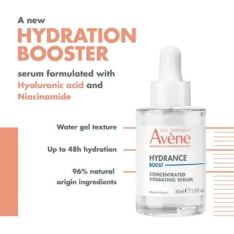 Image 1, a new hydration booster serum formulated with hyaluronic acid and niacinamide. water gel texture, up to 48 hours hydration. 96% natural origin ingredients. image 2, +108% boost in hydration. for dehydrated sensitive skin. ultra light water gel texture. 93% say their skin is immediately nourished. hydration kinetics carried out in korea on 22 respondents with dehydrated skin between 21-57 years old. hydration levels were measured at 1 hour, 2 hours, 4 hours, 6 hours, 8 hours and 14 hours after one single application. consumer acceptability and perception study. 90 respondents. image 3, 96% natural origin ingredients. up to 48 hour hydration. green impact index - socio environmental impact. image 4, hydrating, refreshing, mattifying, soothing. image 5, Image shows four skincare products arranged in a line, with labels indicating the steps: cleanse with cleansing foam, soothe with Avene thermal spring water spray, boost with hydrance boost serum, and hydrate with hydrance aqua-gel hydrating cream-in-gel.