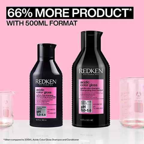 Image 1, 66% more product with 500ml format. when compared to 300ml acidic colour gloss shampoo and conditioner. image 2, acidic ph formula seals the cuticle. locking in colour vibrancy and shine for up to 16 washes. when using shampoo and conditioner. image 3, invisible shield technology. 13 times smoother hair. 230 degree heat protection. acidic colour gloss leave in vs non conditioning shampoo. image 4, how to use acidic colour gloss. 1 = shampoo and rinse. 2 = apply treatment to towel dried hair from mid-lengths to ends. leave on for 5 minutes. rinse. recommended to wear suitable disposable gloves. 3 = apply conditioner from mid lengths to ends to lock in moisture. rinse. 4 = spray leave in liberally to damp hair, then style. image 5, before and after boost colour vibrancy for up to 16 washes. using acidic colour gloss shampoo and conditioner. image 6, before and after one use of acidic colour gloss system. image 7, 1 = cleanse. 2 = gloss. 3 = condition. 4 = leave in and protect. image 8, before and after one use of acidic colour gloss system. image 8, sulfate free for a gentle cleanse. image 9, glass like shine for up to 3 days. before and after. look created using redken SEQ salon only service and acidic colour gloss. consumer test using acidic colour gloss system. image 10, customer review = bye bye dull hair. love this product. as someone who(over) uses heat producing tools, this is the best leave in heat protection spray i've used. applied after using the other products in the range, i felt like a million dollars. recieved the product to try from marie claire beauty drawer feb 2024.