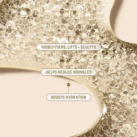 Image 1 - An image of a textured gel with bubbles, featuring text that reads visibly firms, lifts + sculpts, helps reduce wrinkles, and boosts hydration. Image 2 - Image shows a close-up comparison of skin on a persons face before and after four weeks of use, with visible improvements in texture and firmness; text includes BEFORE, AFTER 4 WEEKS, and 96% SAW MORE LIFTED SKIN AFTER 1 WEEK* with a footnote about the study. Image 3 - A close-up comparison of skin under the chin, showing a visible reduction in wrinkles and improved firmness labeled Before at the top and After 4 Weeks at the bottom, with text stating 96% SAW MORE LIFTED SKIN AFTER 1 WEEK* beneath the images. Image 4 - A close-up image of two glass containers with liquid and botanicals, featuring white flowers and chamomile, with visible text stating HYDRALIFT™ COMPLEX VISIBLY FIRMS, LIFTS, AND COMFORTS SKIN, SQUALANE DEEPENS INGREDIENT ABSORPTION, and HYALURONIC ACID DIMINISHES THE APPEARANCE OF FINE LINES + WRINKLES. Image 5 -A close-up image of a clear glass container with a liquid inside, surrounded by white flowers, labeled with three ingredients: HYDRALIFT™ COMPLEX, SUGARCANE SQUALANE, and HIGH MOLECULAR-WEIGHT HYALURONIC ACID, each with a brief description of their benefits. Image 6 - Image shows four skincare serums from Biossance, with labels for each: THE TOTAL LIFT with a dual serum, THE POWER PLUMPER with a copper peptide serum, THE POWER VANISHER with a vitamin C dark spot serum, and THE ULTIMATE SMOOTHER with a lactic acid resurfacing serum, all on a light background.