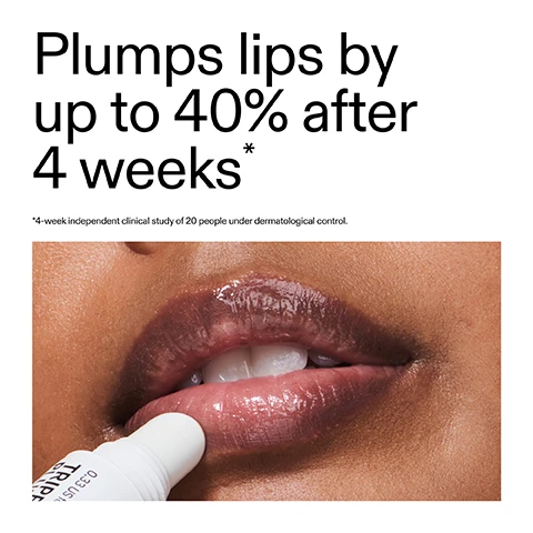 Image 1 - A close-up shows a persons mouth with glossy, plump lips and a white lip product applicator touching the lower lip, accompanied by the text Plumps lips by up to 40% after 4 weeks* and *4-week independent clinical study of 20 people under dermatological control. Image 2 - A close-up of a person applying a white applicator to shiny, plumped lips, with text that reads Plumps lips by up to 40% after 4 weeks** and 95% agree lips felt instantly nourished and hydrated after first use* with footnotes *4-week independent clinical study of 20 people under dermatological control. **4-week independent consumer trial of 20 people under dermatological control. Image 3 - A close-up of a shimmery brownish-copper lip product with subtle wavy textures, accompanied by the text Why we love it Plumps lips, without stinging or irritation Silky, smooth and never sticky Pocket-sized: swipe, plump and go. Image 4 - A swatch of shimmery rose gold liquid product is shown on a white background with text that reads Why it works, 6% Tripeptide Complex, VISIBLY INCREASES LIP VOLUME FOR PLUMPER-LOOKING, MORE DEFINED LIPS, 2% Ultra Filling Spheres, DELIVERS HA WITHIN THE LIP TO PLUMP, RETAIN MOISTURE AND FILL FINE LINES. Image 5 - A hand holds a white tube of The Inkey List Tripeptide Plumping Lip Balm with a small amount of product squeezed out, next to instructions that read: How to use, USE AM + PM AS NEEDED. APPLY TO CLEAN DRY LIPS. USE AT LEAST X3 DAILY FOR 4 WEEKS FOR OPTIMAL RESULTS. TOP UP AS NEEDED - CONSISTENCY IS KEY. The tube also reads: 0.33 US fl.oz / 10ml, Plumps and instantly hydrates, Repulpe et instantanement hydrate.