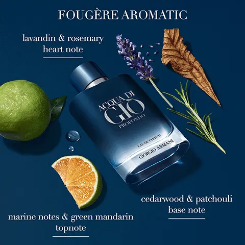 Fougere aromatic. Lavandin & rosemary heart note. Marine notes & green mandarin topnote. Cedarwood & patchouli base note. Acqua di Gio Girogio Armani. Woody Aquatic, Acqua Di Gio Parfum, Bergamot & ginger, Clary sage heart & rosemary, Patchouli & incense. Citrus Aquatic, Acqua Di Gio Edt, Marine notes & bergamot notes, Jasmine notes & cedarwood, White muscs & patchouli. Aromatic Aquatic, Acqua Di Gio Edp, Marine notes & green mandarin, Sage heart, Patchouli & vertive. Fougere Aromatic, Acqua Di Profondo Edp, Marine notes & green mandarin, Lavandin & rosemary, Cedarwood & patchouli.