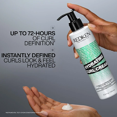Image 1 - A person is holding a bottle of Redken Hydrating Curl Cream with text that reads UP TO 72-HOURS OF CURL DEFINITION* INSTANTLY DEFINED CURLS LOOK & FEEL HYDRATED.
Image 2 - A hand holds a spray bottle of Redken Refreshing Curl Mist, with text stating UP TO 7-DAY CURL REFRESHING MIST WITHOUT NEED TO WASH and INSTANTLY REVITALIZE CURLS WITH DEFINITION.
Image 3 - Side-by-side images depicting a persons hairstyle; the left shows their hair before using a product, with a fuller, less defined curl, and the right shows the hair after applying hydrating curl cream, revealing tighter and more defined curls, accompanied by the text BEFORE on the left and AFTER HYDRATING CURL CREAM with CURL TYPE 3B on the right.
Image 4 - Side-by-side comparison of a womans curly hairstyle before and after using a refreshing curl mist, with the left labeled BEFORE and the right labeled AFTER, and visible text at the bottom stating ON 4TH DAY CURLS.
Image 5 - A side-by-side comparison of a woman with curly hair labeled Before on the left and After on the right, showcasing improved curl definition after using products, with visible text reading Hydrating Curl Cream, Sculpting Curl Gel, and Refreshing Curl Mist; labeled Curl Type 4A.
Image 6 - Image showing a step-by-step guide on using a hair product, with instructions: 1. Apply in sections, 2. Rake or scrunch, 3. Dry, 4. Re-apply on dry hair as needed.
Image 7 - A person with curly hair is shown in a four-step guide for using a hair product, which includes instructions to spray, rake or scrunch, shape, and notes that it refreshes curls up to the seventh day.
Image 8 - Image shows three hair care products from Redken arranged on a gradient teal background: a Hydrating Curl Cream, a Sculpting Curl Gel, and a Refreshing Curl Mist, with the text Formulated with Squalane + Jojoba Oil and labels DEFINE, HOLD, and REFRESH.
Image 9 - Three hair care products are displayed against a dark background, including a pump bottle labeled Hydrating Curl Cream, a spray bottle labeled Refreshing Curl Mist, and a tube labeled Sculpting Curl Gel, all branded with the name Redken.Image 10 - An abstract white background with smooth, curved lines of white cream-like texture, and the text LIGHTWEIGHT & NON-GREASY in bold black letters at the bottom left corner.
Image 11 - A dark textured background with the text that reads Formulated with Squalane & Jojoba Oil for hair that looks & feels hydrated and preserves curl pattern.
Image 12 - Image of a spray bottle of Redken Refreshing Curl Mist being used to mist hair, with five stars above it and text stating that it adds moisture to dry ends and resets curls without being too heavy.
Image 13 - Image of a bottle of Redken Hydrating Curl Cream with a black pump top, accompanied by a testimonial stating that the users hair felt bouncy and maintained its curl shape all day without feeling heavy or sticky, and that they would definitely recommend it, with a note indicating the product was received from Marie Claire Beauty Drawer, August 2024.
Image 14 - A persons hand is holding a bottle of Redken Hydrating Curl Cream, with a small amount of the cream in their palm, and text on the image states LOVED BY PROFESSIONALS followed by a quote from Isha Samms, MY ABSOLUTE FAVOURITE. THE CONSISTENCY IS BUILDABLE WITHOUT BEING HEAVY. SO YOU CAN KEEP GOING BACK TO ADD MORE and her title PROFESSIONAL HAIRSTYLIST.