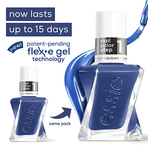 Image 1, now lasts up to 15 days new! patent-pending flex e gel technology nail color step  Image 2, up to 15 days of 23 gel-like wear  Image 3, glass-like shine triple shine complex gelovessie Image 4, 2 easy steps no UV lamp nail color step top coat step elcouture ge gel couture ge colour top coat Image 5, swirl stem brush nail color step el couture g controlled application even product distribution smooth & plump result gelyessie