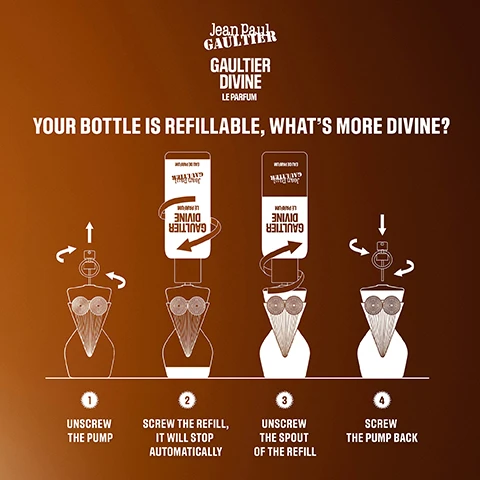 your bottle is refillable, what's more divine? 1 = unscrew the pump, 2 = screw the refill, it will stop automatically. 3 = unscrew the spout of the refill. 4 = screw the pump back. image 2, jean paul gaultier is committed. a responsible refill -52% glass. -66% metal. a natural formula. 90% of natural ingredients.