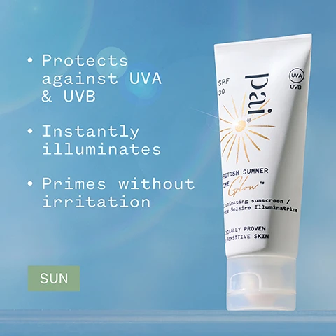 Image 1 - A sunscreen tube is displayed against a blue background with bullet points stating Protects against UVA & UVB, Instantly illuminates, and Primes without irritation, alongside the word SUN.
Image 2 - A tube of illuminating sunscreen is tipped over, with a creamy product oozing from the opening, against a soft blue background; visible text includes 83% said skin looks instantly more luminous* and *One week independent consumer trial on 103 subjects, alongside vegan and certification logos.