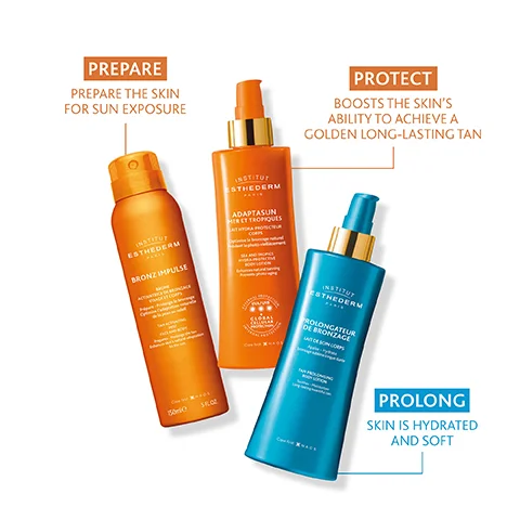 PREPARE PREPARE THE SKIN FOR SUN EXPOSURE INSTITUT ESTHEDERM BRONZ IMPULSE INSTITUT STHEDERM ADAPTASUN MERET TROPIQUES PROTECT BOOSTS THE SKIN'S ABILITY TO ACHIEVE A GOLDEN LONG-LASTING TAN 500 $1,02 INSTITUT ESTHEDERM ROLONGATEUR DE BRONZAGE PROLONG SKIN IS HYDRATED AND SOFT