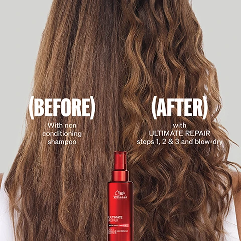 Image 1 - A split image of a persons brown hair from the back, demonstrating a before and after effect, with the hair on the left appearing less defined and the hair on the right appearing smooth and wavy, and a red Wella hair product bottle in the foreground with visible text: WELLA PROFESSIONALS ULTIMATE REPAIR WITH AHA & OMEGA-9 STEP 3 MIRACLE HAIR RESCUE LEAVE-IN; additional text on the image reads (BEFORE) With non conditioning shampoo (AFTER) with ULTIMATE REPAIR steps 1, 2 & 3 and blow-dry. Image 2 - A graphic features a translucent white shape on a light grey background with a smaller red sphere labeled AHA and a larger red sphere labeled OMEGA-9 inside it, along with visible text that states PATENTED TECHNOLOGY, REBUILD BONDS INSIDE WITH AHA, and REPLENISH HAIR OUTSIDE WITH OMEGA-9. Image 3 - An image displays two red Wella Professionals Ultimate Repair Shampoo bottles, with an old design featuring a screw cap on the left and an arrow pointing to a new design with a flip-top cap on the right, accompanied by text that reads NEW DESIGN SAME GREAT FORMULA Now with flip top cup allowing product use with just one hand, and both bottles are labeled Wella Professionals Ultimate Repair Shampoo 250 mL 8.4 FL OZ. Image 4 - The image displays a red Wella Professionals Ultimate Repair conditioner tube showing a design update, with an arrow pointing from the old design on the left to the new design on the right, and the overhead text NEW DESIGN SAME GREAT FORMULA. The left tube shows Wella Professionals Ultimate Repair Conditioner with AHA & Omega-9 repairs, strengthens & moisturizes all hair types 200 ml (6.7 FL OZ), and the right tube shows Wella Professionals Ultimate Repair with AHA & Omega-9 Step 2 Conditioner 200 ml I 6.7 FL OZ. Image 5 - A side-by-side comparison shows a red Wella Ultimate Repair hair mask jar on the left and a redesigned red Wella Ultimate Repair mask jar on the right with an arrow pointing between them, and includes the text NEW DESIGN SAME GREAT FORMULA, Wella Professionals Ultimate Repair Mask With AHA & Omega-9 repairs, strengths & smooths all hair types 150 mL (5.1 FL OZ) e on the left jar, and Wella Professionals Ultimate Repair With AHA & Omega-9 Step 2 Intense Mask 150 mL | 5 FL OZ on the right jar. Image 6 - A before and after image comparison shows dark, frizzy hair on the left labeled (BEFORE) With non conditioning shampoo, and on the right, dark, healthy, defined curls labeled (AFTER) with ULTIMATE REPAIR steps 1, 2 & 3 and blow-dry, with a red Wella Professionals Ultimate Repair bottle in the foreground that reads WELLA PROFESSIONALS ULTIMATE REPAIR WITH AHA & OMEGA-9 STEP 3 MIRACLE HAIR RESCUE LEAVE-IN.