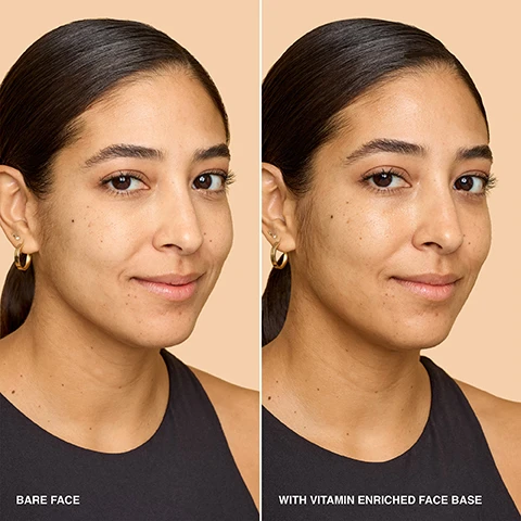 image 1, 2 and 3, bare face vs with vitamin enriched face base. image 4, step 1 = new vitamin enriched smoothing serum - smooth and glow. step 2 = vitamin enriched eye base - eye prep and prime. step 3 = vitamin enriched face base - moisturise and prime. step 4 = vitamin enriched skin tint SPF15 - even tone, perfect and protect.