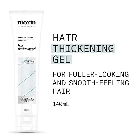 Image 1, hair thickening gel for fuller looking and smooth feeling hair Image 2, noticeable volume with thicker fuller hair Image 3, for thicker fuller hair gives a noticeable volume boost leaves hair looking fuller and feeling smooth provides strong hold and texture without stiffness or stickiness Image 4, how to use 1, apply 1.5 inch of product into palm of hand 2, work through damp hair 3 blow dry for volume style as desired Image 5, peppermint oil can assist in regulating sebum production and controlling oiliness panthenol a form of a vitamin B5 panthenol has moisturising and nourishing benefits to the hair and scalp that help strengthen the hair reduce breakage and add thickness mentha arvesis leaf oil also known as wild mint oil this oil is known for it refreshing ad invigorating benefits that stimulate the scalp and promote circulation Image 6, nioxin grows results only nioxins advanced scalp science can target hair thinning and hair loss for proven results you can see and feel Image 7, new look same great formula