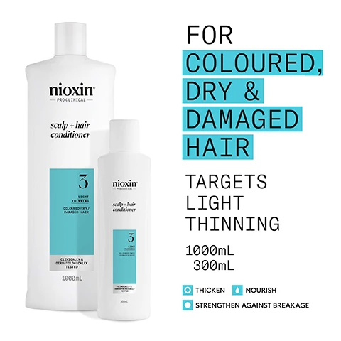 Image 2 - Two white Nioxin Scalp + Hair Conditioner bottles, one 1000mL and one 300mL, are visible with text Nioxin PRO CLINICAL scalp + hair conditioner 3 LIGHT THINNING COLOURED/DRY/DAMAGED HAIR CLINICALLY & DERMATOLOGICALLY TESTED 1000mL 300mL, and accompanying marketing text states FOR COLOURED, DRY & DAMAGED HAIR TARGETS LIGHT THINNING 1000mL 300mL THICKEN NOURISH STRENGTHEN AGAINST BREAKAGE. Image 3 - Three Nioxin hair care products, a scalp + hair treatment, shampoo, and conditioner, are shown on a blue background, along with the text: Use System Kit 3 to see RESULTS IN JUST 30 DAYS* *Results with everyday use. Based on a survey among 230 U.S. panelists concerned about thinning hair who tried the systems (each tested 1 system kit), conducted by SIRS, 2016. Image 4 - A woman with long wavy blonde hair looking upwards to the right is shown next to text that reads FOR THICKER, FULLER HAIR, THICKENS, STRENGTHENS & NOURISHES LIGHT THINNING HAIR, LEAVES HAIR THICKER, FULLER WHILE MAINTAINING VIBRANT COLOUR, FORMULATED WITH POWERFUL NIACINAMIDE & BIOTIN, CLINICALLY & DERMATOLOGICALLY TESTED. Image 5 - A hand holds a wet white Nioxin Pro Clinical scalp + hair conditioner bottle, system 3 for light thinning, coloured, dry, or damaged hair, with a blue panel on the right detailing How To Use scalp + hair conditioner: 1 Work Conditioner through the hair, from scalp to ends; 2 Rinse thoroughly to make sure all product is removed; the bottle also states Clinically & Dermatologically Tested, 300mL. Image 6 - A four-panel image featuring a top-left panel with green liquid droplets on a light green background and a bottom-left panel with clear liquid droplets on a grey-green background, alongside two teal panels displaying text: MENTHA ARVENSIS LEAF OIL Also known as wild mint oil, this oil is known for its refreshing and invigorating benefits to the scalp. PEPPERMINT OIL Can assist in regulating sebum production and controlling oiliness. Image 7 - The image shows wavy streaks of a creamy white conditioner product on a light gray surface, with text that reads NIOXIN SCALP & HAIR CONDITIONER, result: Restores moisture and resilience, as it promotes vitality and health to the scalp and hair. Image 8 - A turquoise image displays the Nioxin logo and text that reads Nioxin Pro Clinical, Nioxin Grows Results, Only Nioxin’s Advanced Scalp Science Can Support Stronger Hair From the Root for Results You Can See and Feel. Image 9 - An image displays two white Nioxin conditioner bottles side-by-side, illustrating a packaging redesign, with prominent text overhead reading NEW LOOK same great formula; the old bottle on the left, labeled Old, is Nioxin 3 Color Safe Scalp Therapy Revitalizing Conditioner Step 2 for Colored Hair Light Thinning 300 mL, and the new bottle on the right, labeled New, is nioxin PRO CLINICAL scalp + hair conditioner 3 Light Thinning for Coloured/Dry/Damaged Hair Clinically & Dermatologically Tested 300 mL.