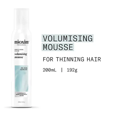 Volumising mousse for thinning hair. 200ml, 192g. Fuller and more voluminous hair. For thicker fuller hair. Improves hair volume, leaving the hair soft to touch. Helps style hair while appearing thicker. Clinically and dermatologically tested. How to use. 1, shake before use. 2, apply mousses to damp or towel dried hair and distribute onto hair. Dry the hair to get the volumed and define the movement. Mentha arvensis leaf oil, also known as wild mint oil, thsi oil is known for its refreshing and invigorating benefits that stimulate the scalp and promote circulation. Panthenol a form of a vitamin B5, panthenol has moisturizing and nourishing benefits to the hair & scalp that help strengthen the hair, reduce breakage and add thickness. nioxin pro clinical nioxin grows results tm. Only Nioxin's advanced scalp science can target hair thinning and hair loss for proven results you can see and feel. New look, same great formula. Old. New.