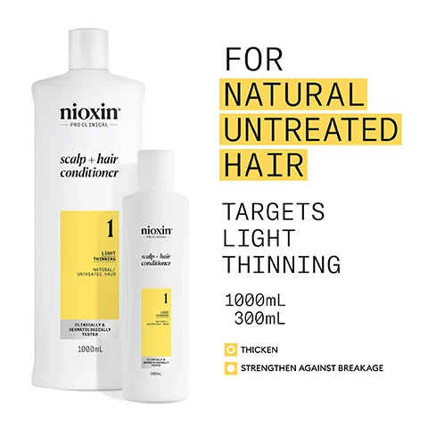 Image 2 - Two Nioxin PRO CLINICAL scalp + hair conditioner bottles, a large 1000mL and a smaller 300mL, both with yellow labels marked 1, are shown with text reading Nioxin PRO CLINICAL scalp + hair conditioner 1 LIGHT THINNING NATURAL / UNTREATED HAIR CLINICALLY & DERMATOLOGICALLY TESTED 1000mL 300mL, and additional text on the right states FOR NATURAL UNTREATED HAIR TARGETS LIGHT THINNING 1000mL 300mL THICKEN STRENGTHEN AGAINST BREAKAGE. Image 3 - A bright yellow background features three white Nioxin brand hair care bottles: a pump-action scalp care + hair thickening treatment, a scalp + hair shampoo, and a scalp + hair conditioner, with visible text on the image reading Nioxin Pro Clinical scalp care + hair thickening treatment, Nioxin Pro Clinical scalp + hair shampoo 1 NATURAL/UNTREATED HAIR TARGETS LIGHT THINNING, Nioxin Pro Clinical scalp + hair conditioner 1 NATURAL/UNTREATED HAIR TARGETS LIGHT THINNING, Use System Kit 1 to see RESULTS IN JUST 30 DAYS*, and *Results with everyday use. Based on a survey among 230 U.S. panelists concerned about thinning hair who tried the systems (each tested 1 system kit), conducted by SIRS, 2016. Image 4 - A person with thick curly hair is shown in profile on the right, smiling, while the left side lists benefits: For Thicker, Fuller Hair, Thickens & Strengthens Light Thinning Hair, Hydrates Scalp and Hair From Root to Tip, Formulated With Powerful Niacinamide & Biotin, Clinically & Dermatologically Tested. Image 5 - A white Nioxin Pro Clinical scalp + hair conditioner bottle is shown with water splashing, alongside a yellow instructional panel titled HOW TO USE scalp + hair conditioner, which states 1 Work Conditioner through the hair, from scalp to ends and 2 Rinse thoroughly to make sure all product is removed, and the bottle label also indicates 1 NATURAL / UNTREATED HAIR TARGETS LIGHT THINNING CLINICALLY & DERMATOLOGICALLY TESTED. Image 6 - The image is split into two sections: the top shows pale green liquid drops with text Mentha Arvensis Leaf Oil, Also known as wild mint oil, this oil is known for its refreshing and invigorating benefits to the scalp, and the bottom shows a muted green liquid drop with text Peppermint Oil, Can assist in regulating sebum production and controlling oiliness. Image 7 - Creamy off-white product swatched in wavy lines on a light background, with text that reads: NIOXIN SCALP & HAIR CONDITIONER result: Cleanse and provide a refreshed scalp environment and healthy shine to natural hair. Image 8 - A yellow background displays black text that reads Nioxin PRO CLINICAL NIOXIN GROWS RESULTS™ Only Nioxin’s Advanced Scalp Science Can Support Stronger Hair From the Root for Results You Can See and Feel. Image 9 - The image shows a side-by-side comparison of two Nioxin conditioner bottles, labeled Old and New, with the text NEW LOOK same great formula; the old bottle displays Nioxin Scalp Therapy Revitalizing Conditioner Step 2 Natural Hair Light Thinning 1L, while the new bottle shows nioxin PRO CLINICAL scalp + hair conditioner 1 for Natural/Untreated Hair, Targets Light Thinning, Clinically & Dermatologically Tested 1L | 33.8 FL OZ.