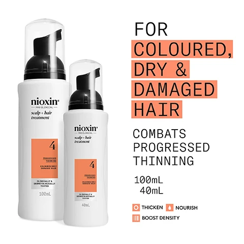 Image 2 - Two white Nioxin Pro Clinical scalp and hair treatment bottles, one 100mL and one 40mL, with black pump dispensers, display text Nioxin PRO CLINICAL scalp + hair treatment 4 PROGRESSED THINNING COLOURED/DRY/ DAMAGED HAIR CLINICALLY & DERMATOLOGICALLY TESTED 100mL 40mL FOR COLOURED, DRY & DAMAGED HAIR COMBATS PROGRESSED THINNING 100mL 40mL THICKEN NOURISH BOOST DENSITY. Image 3 - Three Nioxin white bottles with black caps for scalp and hair treatment, shampoo, and conditioner are shown on an orange background, with text that reads Use System Kit 4 to see RESULTS IN JUST 30 DAYS* *Results with everyday use. Based on a survey among 230 U.S. panelists concerned about thinning hair who tried the systems (each tested 1 system kit), conducted by SIRS, 2016. Image 4 - A woman with curly brown hair is shown in profile on the right, with several text blocks on the left describing product benefits: FOR THICKER, FULLER HAIR, BOOSTS HAIR DENSITY & NOURISHES FOR PROGRESSED THINNING, LEAVES HAIR THICKER, FULLER WHILE MAINTAINING VIBRANT COLOUR, FORMULATED WITH POWERFUL NIACINAMIDE & BIOTIN, CLINICALLY & DERMATOLOGICALLY TESTED. Image 5 - A hand holds a white Nioxin foam bottle labeled Nioxin PRO CLINICAL scalp + hair treatment 4 PROGRESSED THINNING COLOURED/DRY/DAMAGED HAIR CLINICALLY & DERMATOLOGICALLY TESTED, with water droplets visible around it, next to an orange panel displaying instructions HOW TO USE scalp care + hair thickening treatment 1 Shake the Scalp & Hair Treatment to activate it 2 Apply to scalp and work through hair from roots to ends 3 Do not rinse. Image 6 - The image displays a four-panel grid on a coral background, detailing product ingredients; the first panel shows white cream and reads SUN PROTECTING INGREDIENTS: Formulated with a common UV filter providing protection against the damaging effects of ultraviolet (UV) radiation from the sun; the second panel shows coffee beans and reads CAFFEINE: Supports hair follicles and maintains the skin barrier; the third panel shows a test tube and liquid droplets and reads MENTHA ARVENSIS LEAF OIL: Also known as wild mint oil, this oil is known for its refreshing and invigorating benefits to the scalp; the fourth panel shows blue liquid with bubbles and reads NIACINAMIDE: A form of vitamin B3, Niacinamide helps nourish the hair root and can have a positive impact on the scalp environment. Image 7 - The image displays white foam with bubbles, featuring black text on orange blocks reading NIOXIN SCALP CARE & HAIR THICKENING TREATMENT, and additional black text result: Provides a refreshed and revitalised scalp environment. Actively breaks down residue and DHT build-up in a time delivered system. Image 8 - A coral background displays black text that reads nioxin PRO CLINICAL NIOXIN GROWS RESULTS Only Nioxins Advanced Scalp Science Can Support Stronger Hair From the Root for Results You Can See and Feel. Image 9 - The image displays two white Nioxin foam pump bottles side-by-side, labeled Old and New respectively, with the visible text NEW LOOK same great formula; the old bottle displays Nioxin Color Safe Scalp & Hair Treatment Step 3 Colored Hair Progressed Thinning 100 mL, and the new bottle displays Nioxin Pro Clinical Scalp + Hair Treatment 4 Progressed Thinning Coloured/Dry/Damaged Hair Clinically & Dermatologically Tested 100mL.