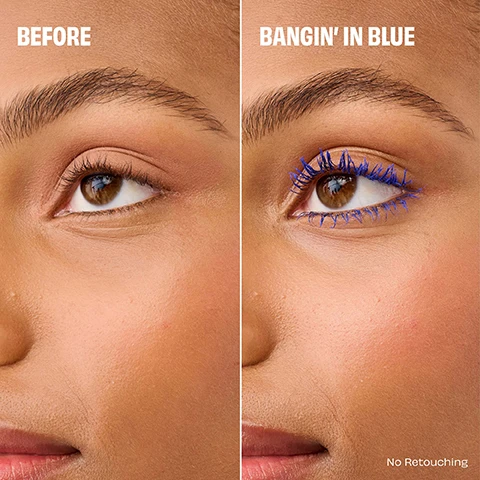 image 1, before and bangin in blue, no retouching. image 2, badgal bang mascara. powder blue. 36 hour full blast volume. custom big slim pact brus. water resistant, smudge proof and flake free.