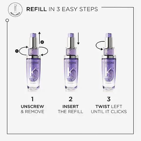 Refillable. Refill in 3 easy steps. 1, unscrew & remove, 2, insert the refill. 3, twist left until it clicks. Hydrating hair oil. Provides nourishment, strengthens hair fibre, helps repair sensitised post-bleach hair, heat protection. Sensitised lightened or highlighted blonde hair. How to use. Apply 1 or 2 drops on wet or dry hair, as a leave in treatment. Start from mid-length and work to ends. Style as desired. Can be used as a post-blow dry oil and for finishing & touch ups during the day.