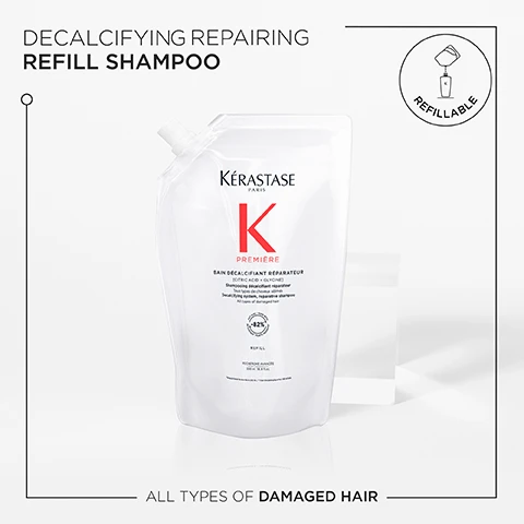 image 1, declacifying repairing refill shampoo, all types of damaged hair. image 2, restores hairs original strength. dual action repair haircare. frees hair from calcium build-up that leads to breakage. helps reconnect broken keratin. image 3, before and after. image 4, glycine and citric acid.