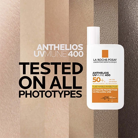 Image 1 - The image features a white sunscreen bottle labeled Anthelios UVMune 400 with the brand name La Roche-Posay, alongside various skin tone swatches in the background, and includes the text TESTED ON ALL PHOTOTYPES prominently displayed.
Image 2 - Three translucent skincare droplets of varying sizes are shown on a white background, with text indicating REPAIR, REPLUMPS IN 4H, and TESTED ON THE MOST SENSITIVE SKIN EVEN.
Image 3 - The image shows a turquoise serum bottle labeled La Roche-Posay Hyalu B5 Serum positioned next to various skin tones, with visible text reading Hyalu B5 Serum and Suitable for All Skin Types.