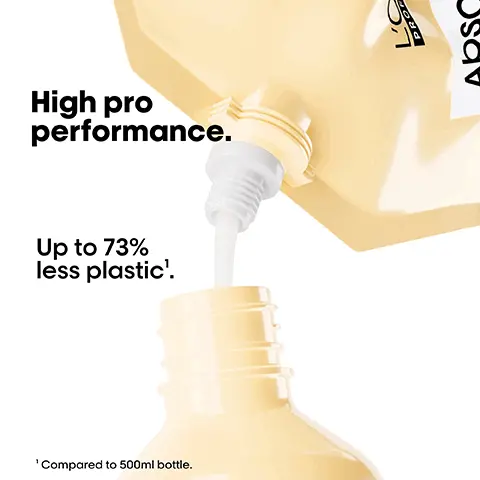 Image 1 - A yellow bottle being filled with liquid from a pouch, featuring the text High pro performance. Up to 73% less plastic. with a footnote stating Compared to 500ml bottle.
Image 2 - Image shows a pack of LOréal Absolut Repair hair products featuring a large pouch labeled 1 pouch 500ml and a smaller bottle labeled 500ml with a pump, accompanied by text stating Your 6-month pack and 3.5x washes per week.
Image 3 - Image depicts a creamy, bubbly product with a smooth texture alongside text highlighting benefits: Instant resurfacing, Up to 77% less damage, Up to 7x shinier hair, Softer hair, with asterisk indicating instrumental test after 5 applications of Shampoo + resurfacing Mask.
Image 4 - Image shows two sections of hair labeled Before on the left with frizzy, unstyled hair and After on the right with smooth, styled hair; below the hair are three bottles of hair products, with the text Not retouched.
Image 5 - Image shows a step-by-step guide on how to refill a shampoo bottle, with three numbered instructions: 01 Take your empty shampoo bottle. Do not rinse it. Unscrew the bottle & refill caps. 02 Take the refill pouch and pour it up slowly inside the bottle. 03 Screw the cap and use your shampoo as usual. Refill the bottle maximum 3 times.
Image 6 - Image shows a LOréal Absolut Repair shampoo pouch next to two refillable shampoo bottles, with the text Refill your bottles and sizing details indicating 1 pouch equals 1x 500ml or 1.5x 300ml.
Image 7 - Image showing a person’s back with curly hair, split into two halves labeled Before and After; the left side has frizzier hair, while the right side displays defined curls, with hair care products displayed at the bottom. Not retouched.
Image 8 - Image shows a series of four steps demonstrating the use of LOréal Absolut Repair hair product, including a bottle and a pouch; visible text includes Absolut Repair and LOréal Professional.
Image 9 - Image shows a variety of haircare product refills in bottles and pouches arranged on a white background, with visible text stating New refills. Available for all top sellers.