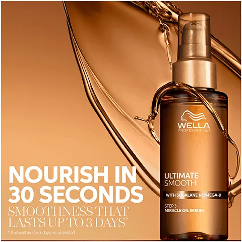 Image 1 - Image shows a bottle of Wella Professionals Ultimate Smooth Miracle Oil Serum on a golden background, with text that reads Nourish in 30 seconds Smoothness that lasts up to 3 days.
Image 2 - An image showing a cutaway of hair layers with text describing patented technology incorporating squalane and omega 9, indicating that the outside creates a protective barrier and the inside deeply nourishes the hair.
Image 3 - Four hair care products are displayed on a gradient background: a shampoo bottle labeled ULTIMATE SMOOTH, a conditioning tube, a treatment jar, and a leave-in treatment spray, accompanied by text that reads ULTIMATE SMOOTH ROUTINE TO FIGHT FRIZZY, DRY & DULL HAIR and numbered steps 01. CLEAN, 02. CONDITION, and 03. TREAT.
Image 4 - A collection of Wella Ultimate Smooth hair care products, including a serum and a cream, set against a gold backdrop with flowing liquid, featuring text that reads UP TO 85% SMOOTHER HAIR, 96 HOURS FRIZZ CONTROL, and SILKY SHINE.
Image 5 - Image shows three drops of a light-colored oil on a smooth surface, with text reading ULTIMATE SMOOTH MIRACLE OIL SERUM and highlighting a drop labeled DELICATE OIL SERUM.
Image 6 - A bottle of Wella Ultimate Shine hair serum lies on a beige surface, with droplets of serum beside it, and text indicating it is dermatologically tested, suitable for coloured hair, and provides UV and heat protection.