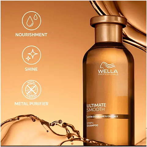 Image 1 - A shampoo bottle labeled WELLA PROFESSIONALS ULTIMATE SMOOTH with icons representing nourishment, shine, and metal purifying, surrounded by a gold backdrop and flowing liquid.
Image 2 - An illustration showing a cross-section of hair, with layers labeled OUTSIDE describing a protective barrier and INSIDE indicating deep nourishment for the hair, along with the text PATENTED TECHNOLOGY WITH SQUALANE & OMEGA 9.
Image 3 - Image shows four hair care products arranged in a gradient background, labeled with ULTIMATE SMOOTH and ROUTINE TO FIGHT FRIZZY, DRY & DULL HAIR, including a shampoo, conditioner, treatment cream, and treatment spray with the sequence numbers 01, 02, and 03.
Image 4 - Image shows a selection of hair care products from Wella arranged elegantly with a gold and brown color scheme, featuring text that reads UP TO 85% SMOOTHER HAIR, 96 HOURS FRIZZ CONTROL, and SILKY SHINE.
Image 5 - A circular drop of white shampoo is shown on a light background, with the text ULTIMATE SMOOTH SHAMPOO and LATHERS INTO A LUXE FOAM displayed alongside it.
Image 6 - A bottle of hair treatment fluid lies on a tan surface with three labeled features: dermatologically tested, suitable for coloured hair, and UV and heat protection, alongside drops of the product.