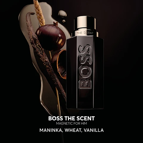 Image 2 - A dark bottle labeled BOSS THE SCENT is surrounded by vanilla pods, wheat, and maninka fruits, with the text MAGNETIC FOR HIM and MANINKA, WHEAT, VANILLA displayed below.
Image 3 - A sleek black perfume bottle with the word BOSS prominently displayed, surrounded by a soft glow, accompanied by a review praising its charm and scent, along with five star ratings.
Image 4 - Image shows four perfume bottles labeled BOSS displayed on a circular surface against a dark background, with the text BOSS THE SCENT at the top; the bottles are labeled Eau de Toilette, Magnetic Eau de Parfum, Parfum, and Elixir, with corresponding scent mood and notes listed underneath: scent mood includes Sensual & Fierce, Attractive & Exhilarating, Rich & Addictive, and Carnal & Hypnotic, while scent family includes Amber Woody Fruity, Amber Fruity Leathery, Amber Leathery, and Amber Leathery Woody.
Image 5 - A purple glass perfume bottle and a black glass perfume bottle are displayed on a circular reflective surface with the text BOSS THE SCENT MAGNETIC above them.