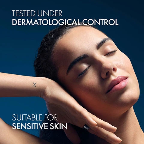 Image 1 - A woman with her eyes closed is resting her head on her hand against a dark blue background, with the text TESTED UNDER DERMATOLOGICAL CONTROL and SUITABLE FOR SENSITIVE SKIN visible in white.
Image 2 - A woman with her eyes closed and a serene expression is shown against a blue background, with text that states helps accelerate skin barrier recovery at night.
Image 3 - An image divided into two sections, the left shows clear droplets representing hyaluronic acid with the text HYALURONIC ACID, and the right features a deep blue background with abstract shapes illustrating melatonin and the text MELATONIN, followed by the caption BOOSTS SKIN PERFORMANCE & ACCELERATES SKIN BARRIER RECOVERY AT NIGHT.
Image 4 - A young man and woman with closed eyes are shown against a gradient background, with the text TESTED ON ALL PHOTOTYPES prominently displayed on the right side.
Image 5 - Image of a blue-toned product with a cream jar, featuring instructions on how to use Vichy Mineral 89 Moisture Recovery Night Cream, stating STEP 1 APPLY EVERY NIGHT AFTER THE DAILY BOOSTER and STEP 2 SMOOTH ON GENTLY UNTIL ABSORBED.
Image 6 - Image shows two Vichy skincare products against a blue background, with a serum bottle labeled MINÉRAL 89 on the left and a cream jar labeled MINÉRAL 89 MOISTURE RECOVERY NIGHT CREAM on the right; text reads COMPLETE YOUR MINÉRAL 89 NIGHT PROTOCOL and STEP 1 STRENGTHEN and STEP 2 RECOVER.