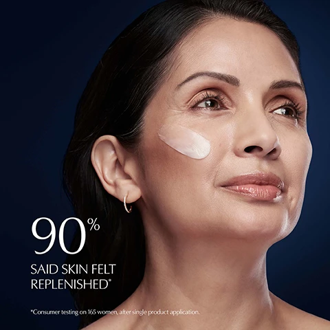 Image 1 - A woman with long dark hair is gently applying a cream to her cheek, looking up with a serene expression, and the image includes the text 90% SAID SKIN FELT REPLENISHED* and *Consumer testing on 165 women, after single product application.
Image 2 - A blue jar of Estee Lauder Revitalizing Supreme+ Night Power Bounce Creme with a gold lid is partially open, showing the creamy product inside, and the text below reads IMPROVES VISIBLE SIGNS OF COLLAGEN LOSS.