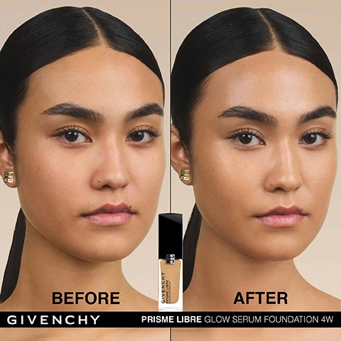 Image 1 - Side-by-side comparison of a womans face labeled BEFORE on the left and AFTER on the right, featuring a bottle of Givenchy Prisme Libre Glow Serum Foundation 4W in between.
Image 2 - A grid of diverse models showing different skin tones and hair types, each labeled with numerical code indicating shade, arranged in rows and columns against a neutral background.
Image 3 - Image showing various shades of Givenchy Prisme Libre Glow Serum Foundation displayed on multiple arms, with visible matching numbers for each shade, including specific shades labeled from 0N to 6.8N.
Image 4 - The image shows a bottle of Givenchy Prisme Libre Glow Serum Foundation placed next to a splash of water, with text highlighting features such as Micro Hyaluronic Acid, 15X Times Smaller, Long Lasting Hydration, Ceramides Yuzu Extract for a Plumped & Bouncy Skin, and 48H Hydration.