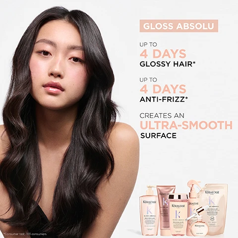 Image 2 - A young woman with long, glossy hair poses against a plain background, accompanied by product images and text stating GLOSS ABSOLU, UP TO 4 DAYS GLOSSY HAIR, UP TO 4 DAYS ANTI-FRIZZ, CREATES AN ULTRA-SMOOTH SURFACE, and featuring several Kerastase hair care products.
Image 3 - Image showing four hair treatment comparisons with Before and After sections for two models in the top half and another two in the bottom half, with a group of hair care products displayed prominently; visible text includes BEFORE and AFTER.
Image 4 - Three test tubes filled with different colored liquids are displayed; the first tube labeled Hyaluronic Acid is clear, with text stating Formula known to create a smoother surface, the second tube labeled Glycolic Acid contains a pink liquid, with text stating Formula known to seal cuticles for long lasting shine, and the third tube labeled Wild Rose in Oil has a yellow liquid, with text stating For a sensorial fragrance.
Image 5 - Image shows two cream-like textures in white, one larger and one smaller, against a light gray background, with the words CREAM TEXTURE, GLOSS ABSOLU, and INSTA GLAZE displayed in the corners.
Image 6 - A man with curly hair and a beard smiles while holding hair care products, including a bottle labeled GLOSS ABSOLU and a tube labeled INSTA GLAZE, with the text HOVIG ETOYAN Global Professional Ambassador and a quote about client preferences for hair glossiness and smoothness.