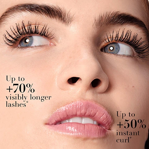 Image 1 - Close-up of a womans face showcasing long, curled eyelashes and smooth skin with the following text: Up to +70% visibly longer lashes* Up to +50% instant curl*.
Image 2 - A grid image displaying four eyes with different lash conditions labeled as Thin lashes, Short lashes, and Long lashes, with a BEFORE label on the left side and an AFTER label at the bottom indicating NO LASH EDITING.
Image 3 - Close-up of a womans eye with defined eyelashes and visible mascara application, featuring text that states Up to +5mm added length*, Clean definition and separation, For up to 24H length & wear**.
Image 4 - Close-up of a womans eye with long, thick eyelashes, a mascara wand applying product, and visible text that reads Infused with arginin amino acids and Leaves lashes feeling supple and flexible.
Image 5 - Image of a black mascara wand with a unique looped brush design against a white background, featuring the text Infinity-Loop brush at the top, grips, coats and separates each lash. on the left, and clump-free sculpted length. on the right.
