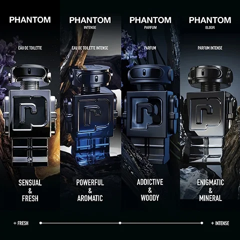 Image 1 - Image shows four bottles of mens fragrance labeled Phantom, each with distinct characteristics. From left to right, the bottles are labeled Sensual & Fresh, Powerful & Aromatic, Addictive & Woody, and Enigmatic & Mineral.