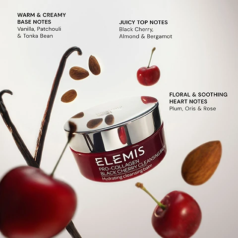Image 3 - A jar of ELEMIS Pro-Collagen Black Cherry Cleansing Balm is shown with surrounding ingredients like almonds and cherries, along with text describing warm and creamy base notes, juicy top notes, and floral and soothing heart notes.
Image 4 - Image shows three skincare products arranged on a reflective surface with a gradient background: a cleanser in a red jar labeled ELEMIS PRO-COLLAGEN BLACK CHERRY CLEANSING BALM, a blue serum bottle labeled ELEMIS PRO-COLLAGEN FUTURE RESTORE SERUM with text describing it as Advanced firming complex, and a pink moisturizer jar labeled ELEMIS Superfood Midnight Facial, with text indicating a step-by-step routine with steps for cleanser, serum, and moisturizer.
Image 5 - A jar of ELEMIS Pro-Collagen Black Cherry Cleansing Balm is placed among fresh black cherries, with a cherry on top, and visible text includes STARFLOWER OIL nourishes to promote healthy skin, PADINA PAVONICA known to enhance hydration, and ROSE & MIMOSA WAX natural oils soften skin.