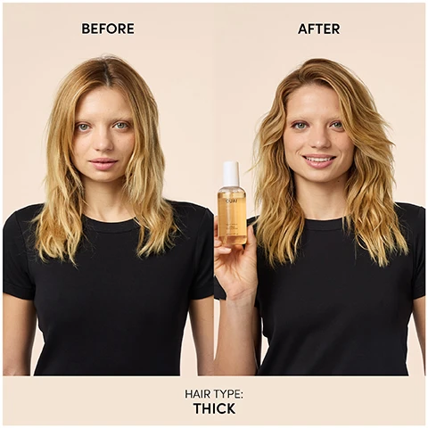 Image 1 - A woman is shown in two images side by side, with the left labeled BEFORE showing her with slightly wavy hair, and the right labeled AFTER showing her with styled, voluminous hair, holding a bottle of OUAI hair product; below the images, it states HAIR TYPE: THICK.
Image 2 - Image shows two bottles of OUAI Wave Spray with a light gray background; the left bottle is 4.9 fl oz/145 ml and the right bottle is 6 fl oz/177 ml, with text stating NEW & IMPROVED WAVE SPRAY Same beachy texture, OUAI better feel and bullet points detailing the benefits: New bottle, Soft to the touch waves that never feel sticky, and More even spray for effortless application.
Image 3 - Image shows a woman demonstrating hair care steps with wave spray, holding a bottle in the first step, spraying in the second, scrunching in the third, and holding the bottle and styling in the fourth, with visible text for each step: Step 1: Give Wave Spray a good shake, Step 2: Spray from roots to ends, Step 3: Scrunch, twist, squeeze for defined waves & enhanced texture, Step 4: Air dry or style with heat for a more defined wave.