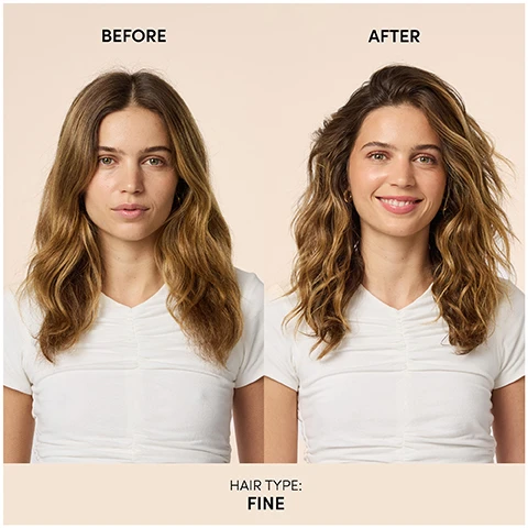 Image 1 - Before and after images of a woman with fine hair, showing her on the left with straight hair and on the right with voluminous, wavy hair, labeled as BEFORE and AFTER, with the text HAIR TYPE: FINE at the bottom.
Image 2 - Image shows two bottles of OUAI Wave Spray side by side with a light background; the text reads NEW & IMPROVED WAVE SPRAY Same beachy texture, OUAI better feel, with notes highlighting a new bottle, soft to the touch waves that never feel sticky, and more even spray for effortless application.
Image 3 - A bottle of OUAI fragrance sits in the center surrounded by fresh fruits, including lemon, pear, and raspberry, with purple and green flowers in the background; the visible text reads RIDE A OUAI-VE OF CITRUS & JASMINE, NORTH BONDI FRAGRANCE, NOTES: ITALIAN LEMON, BERGAMOT, JASMINE & VIOLET.