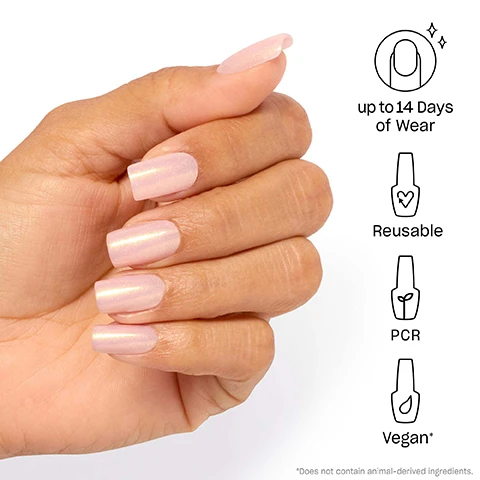 Image 1 - A hand with long, light pink nails is shown, accompanied by icons and text stating up to 14 days of wear, reusable, PCR, and vegan, with a note indicating it does not contain animal-derived ingredients.
Image 2 - Illustration showing four steps for using press-on nails: 1. Fit - Find your perfect size; 2. Shape - Option to do hue with custom tips; 3. Prep - Buff, file, and wipe; 4. xPress - Glue, press, and hold to dry.