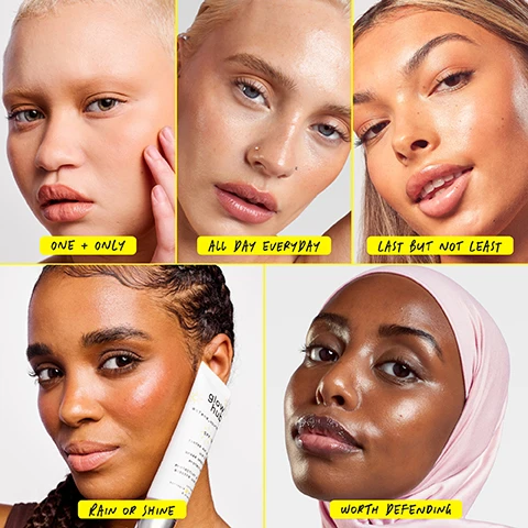 Image 1 - A grid of five close-ups of people showing glowing skin with text overlays reading ONE + ONLY, ALL DAY EVERYDAY, LAST BUT NOT LEAST, RAIN OR SHINE, WORTH DEFENDING. Image 2 - An image features icons for sun, flower, and tea bag, with text describing UVA & UVB chemical filters, marigold properties, and green tea benefits Text reads uva & uvb chemical filter to give skin protection marigold known for its skin soothing properties green tea vit e rich & packed with natural antioxidants. Image 3 - Seven circular swatches showing different skin tones, with the text captions: ONE + ONLY, ALL DAY EVERYDAY, SPF = BFF, LAST BUT NOT LEAST, RAIN OR SHINE, WORTH DEFENDING, NEVER WITHOUT.