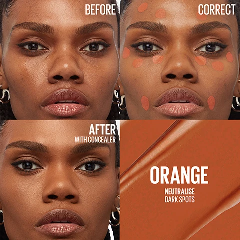 Image 2 - A four-panel image demonstrates orange color corrector: top left shows a womans bare face labeled BEFORE; top right shows her face with orange dots of product, labeled CORRECT; bottom left shows her face with the product blended and concealed, labeled AFTER WITH CONCEALER; and bottom right features an orange swatch with text ORANGE NEUTRALISE DARK SPOTS. Image 3 - A persons face demonstrates color correction techniques, showing purple makeup applied to the forehead and upper cheeks for dullness, green makeup on the lower cheek and jawline for redness, and pink makeup under the eyes and on the mid-cheek for dark spots, with the title How To Colour Correct. Image 4 - The image displays red dried goji berries and pink liquid droplets against white backgrounds, with a central magenta band featuring the text 96% RECOMMEND INSTANT ERASER CONCEALER* and the footnote *247 Women Jan 2025. Image 5 - Two Maybelline Instant Age Rewind Eraser cosmetic tubes, one dark red and one light beige, are shown partially submerged among clear liquid drops, with text reading UP TO 12H MOISTURIZING WEAR INFUSED WITH PEPTIDES, and on the beige tube, MAYBELLINE NEW YORK INSTANT AGE REWIND ERASER. Image 6 - A green Maybelline Instant Anti-Age Eraser Color Correcting Concealer tube with a fluffy applicator is shown alongside five stacked swatches of different shades that read from top to bottom Neutralise Breakouts & Redness, Neutralise Dark Spots, Neutralise Self Tan Mishaps, Brighten Dark Circles Medium & Deep Skin Tones, and Brighten Dark Circles Fair Skin Tones. Image 7 - Many concealer tubes with fluffy pink applicators are shown, with some having a drop of concealer on top, and a magenta overlay with white text that reads: 89% AGREE INSTANT ERASERS APPLICATOR MAKES APPLYING CONCEALER EASY!!* *247 Women Jan 2025.