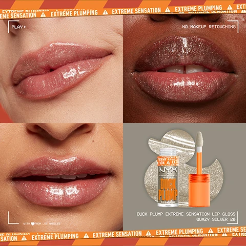 Image 1 - A collage of four close-up images showing shiny lips with lip gloss in various shades, featuring the text NO MAKEUP RETOUCHING and the product DUCK PLUMP EXTREME SENSATION LIP GLOSS QUAZY SILVER 20 alongside a stylized applicator and packaging.
Image 2 - Image shows a colorful advertisement for NYX Professional Makeups Duck Plump family featuring three lip plumping products in orange tubes, a sparkling rubber duck with a purple beak, and text that reads THE DUCK PLUMP FAMILY IS GETTING PLUMPER! CAUTION! THIS PLUMP LIKES TO PARTY! Now in 3 holographic toppers.
Image 3 - Image showing a comparison of lips before and after using a high pigment extreme plumping gloss, with the left side labeled BEFORE and the right side labeled AFTER; visible text includes cautionary statements about possible effects and branding details indicating vegan and cruelty-free status.
Image 4 - Image shows several tubes of NYX Professional Makeup Duck Plump lip gloss in various colors, a swab applicator, and a rubber duck with exaggerated lips against a vibrant orange background, with text indicating INFUSED WITH SPICY GINGER, INSTANT & OVER TIME PLUMPING, and High shine, shimmery finish.
Image 5 - A close-up of a young woman with light blue eyes and glossy lips, holding a tube of NYX Duck Plump Extreme Sensation Lip Gloss in Quazy Silver 20, with a bright orange background and visible text that reads NYX PROFESSIONAL MAKEUP and NO MAKEUP RETOUCHING.